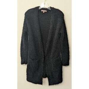 Love Tree Women's Open Cardigan Small Black Fur Wool-Like Pockets Mid-Thigh